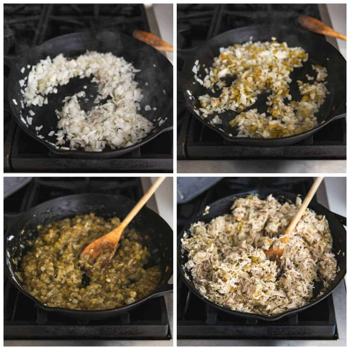 a cast iron pan collage showing how to make the green chili chicken chimichanga filling