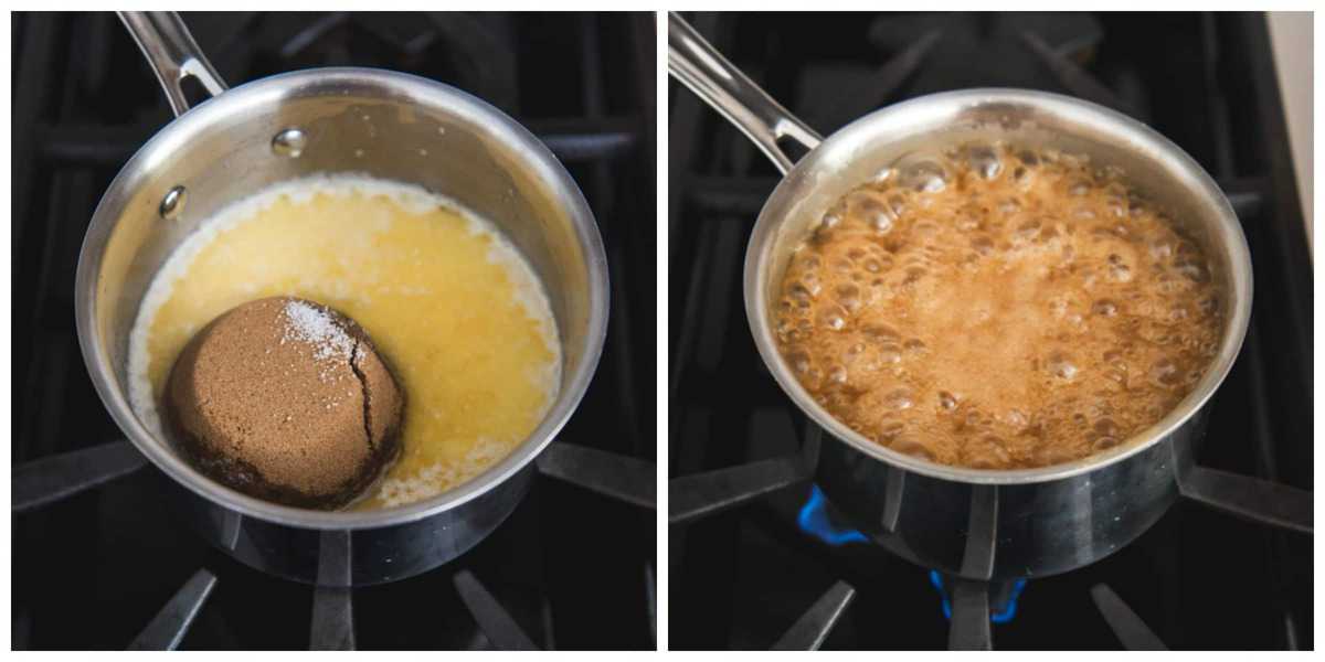 An image of brown sugar, butter, heavy cream, and salt, boiling on the stovetop to make butterscotch sauce for a dessert topping on ice cream.