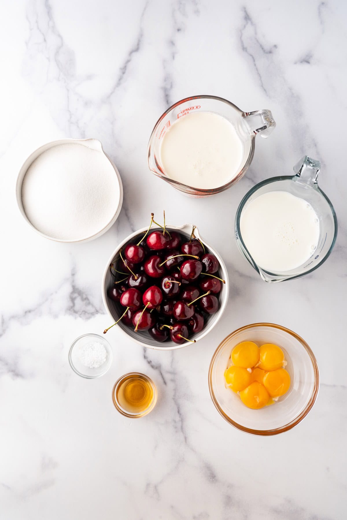 Ingredients for making black cherry ice cream.