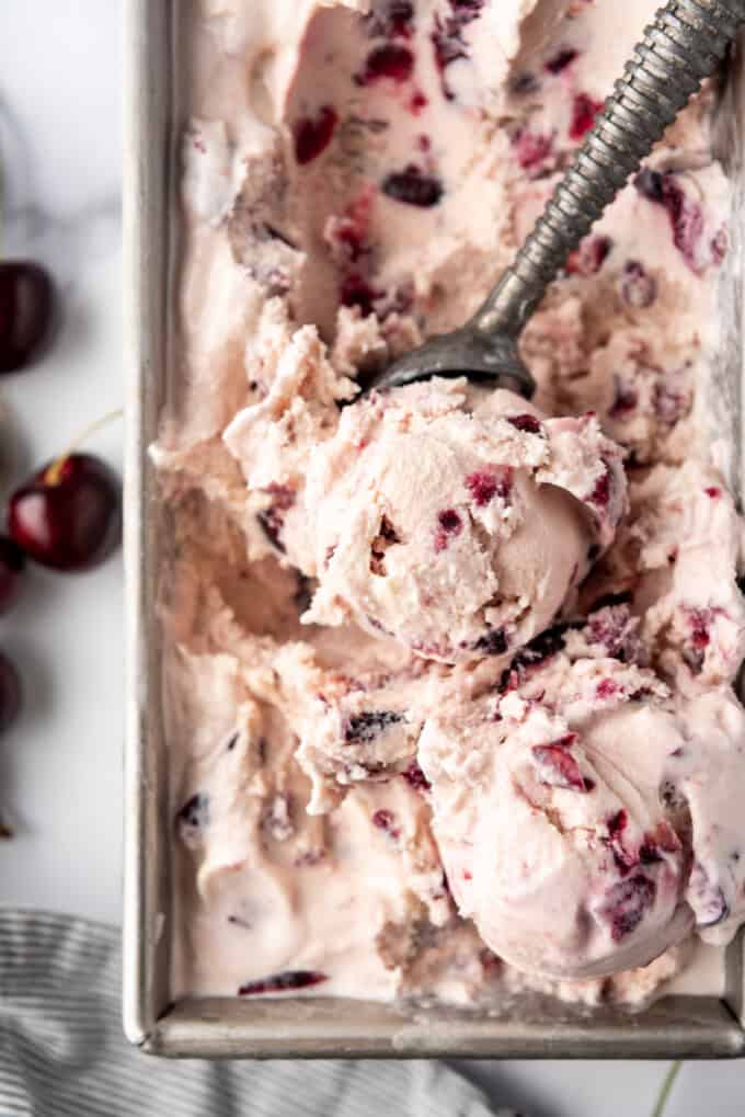 A close up image of black cherry ice cream.