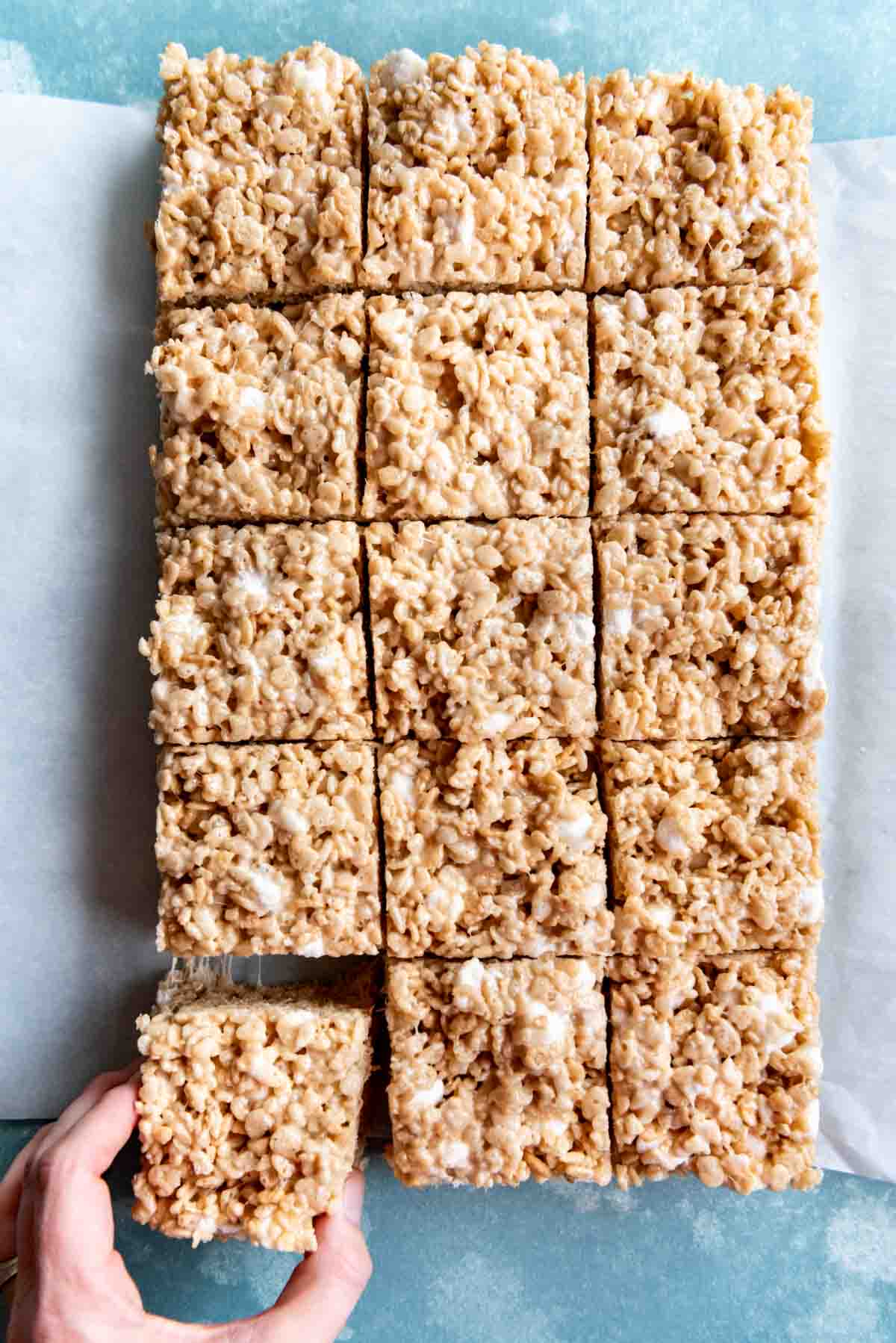 An image of rice crispy treats cereal bars made with salted brown butter and marshmallows.