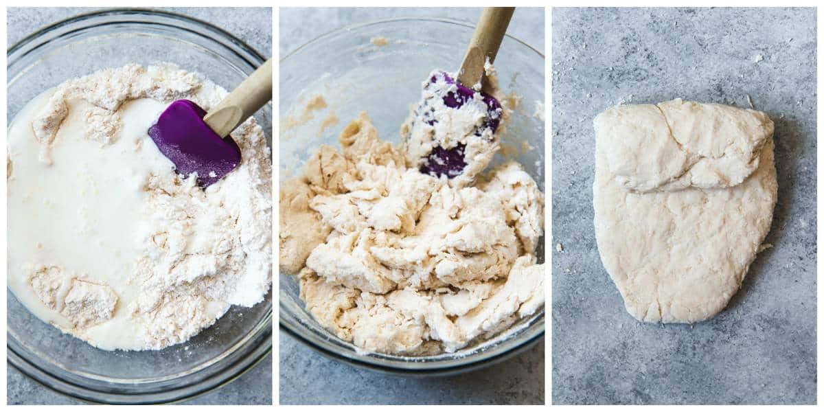 A collage of three step-by-step pictures showing how to make homemade buttermilk biscuits from scratch by adding liquids to dry ingredients, stirring to combine, then kneading to bring the dough together.