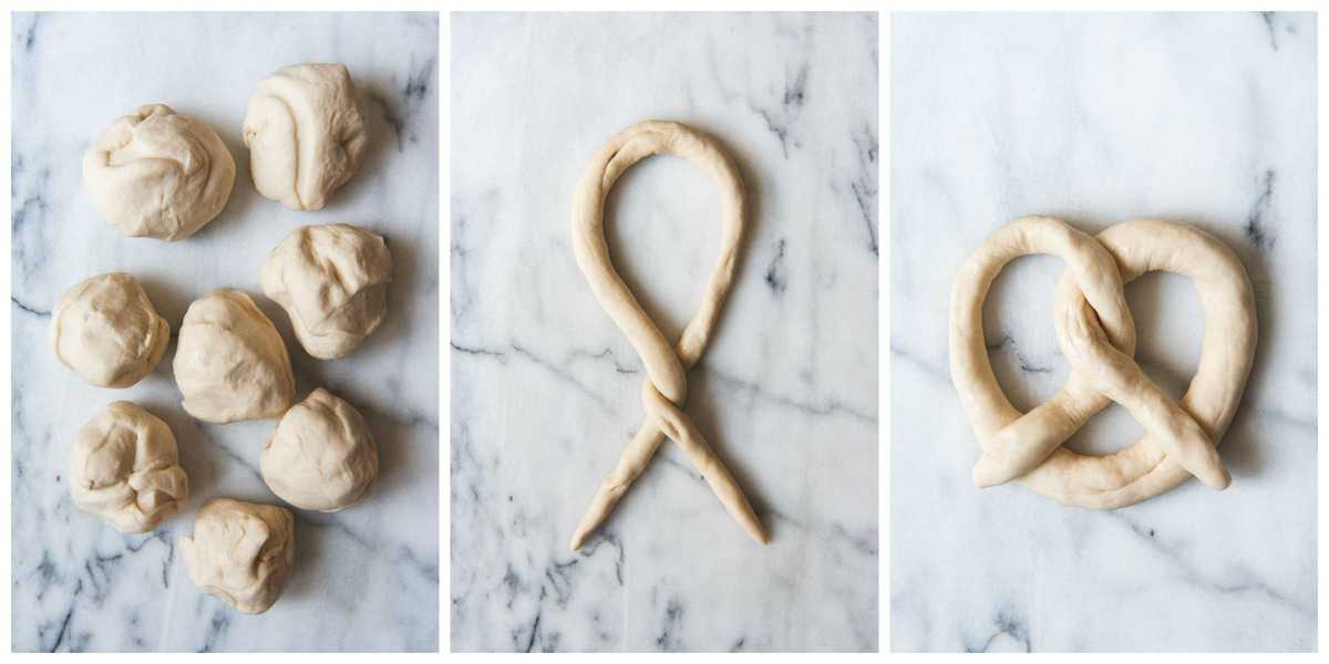 A photo collage of step-by-step images for how to make homemade soft pretzels.