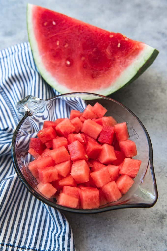 An image of a bowl full of cubed watermelon.