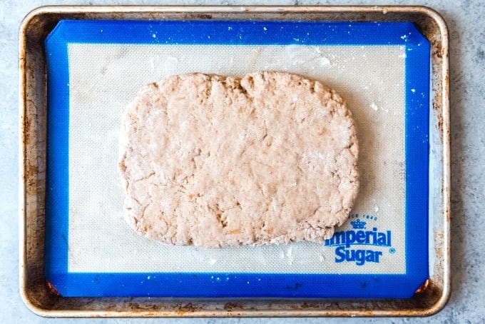 An image of apple cider donut dough patted out before being cut into donut shapes.