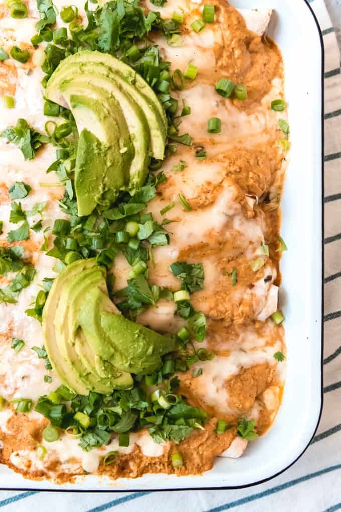 An image of a pan of pumpkin chicken enchiladas topped with melted cheese, chopped green onions, cilantro, and sliced avocado.