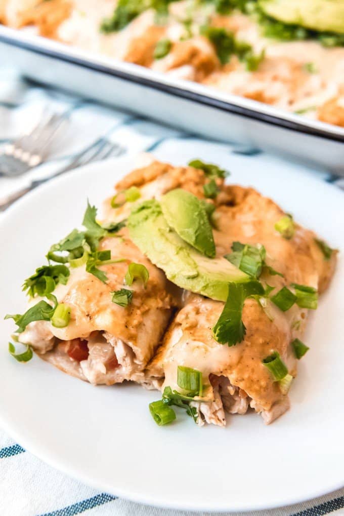 two chicken enchiladas with pumpkin sauce and sliced avocados