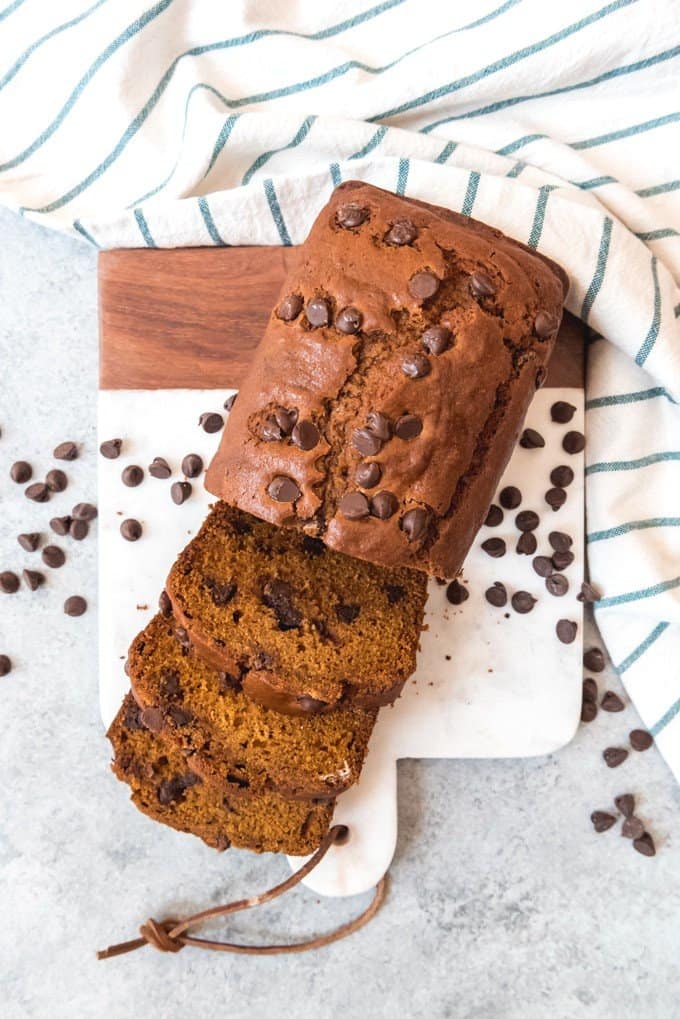 An image of slices of chocolate chip pumpkin bread on a cutting board.