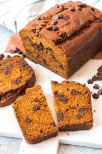 a sliced loaf of Chocolate Chip Pumpkin Bread