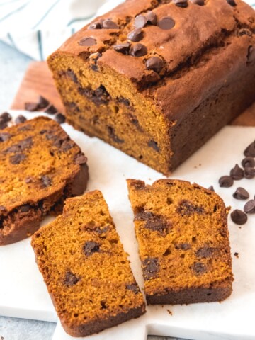 a sliced loaf of Chocolate Chip Pumpkin Bread