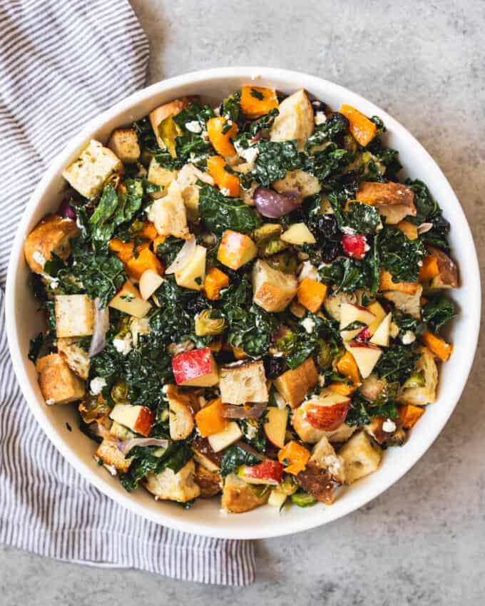 An image of a Fall Panzanella Salad for a great Thanksgiving dinner side dish.