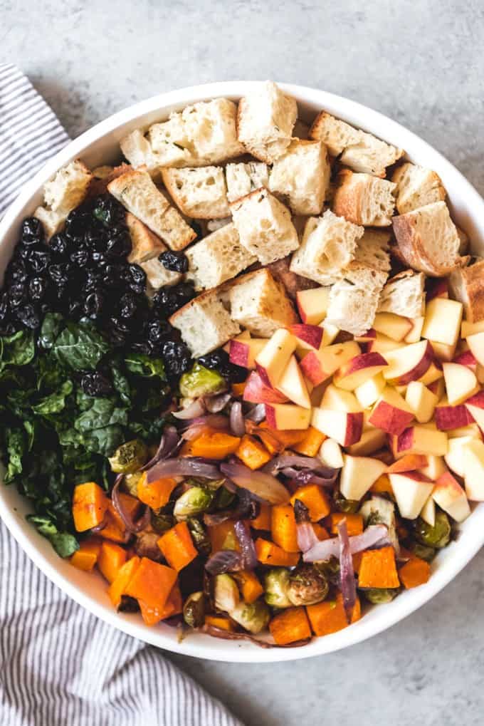An image of a large bowl full of the ingredients for making a Fall Panzanella Salad, including kale, apples, roasted vegetables, and of course, plenty of cubed, toasted bread.