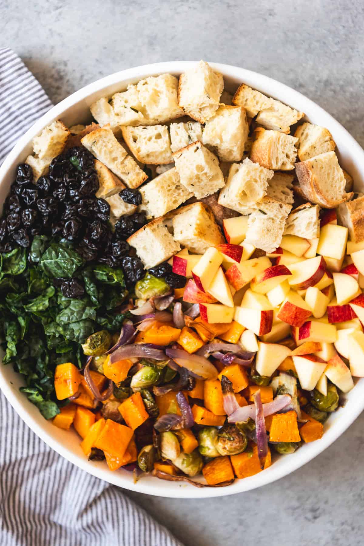 An image of a large bowl full of the ingredients for making a Fall Panzanella Salad, including kale, apples, roasted vegetables, and of course, plenty of cubed, toasted bread.