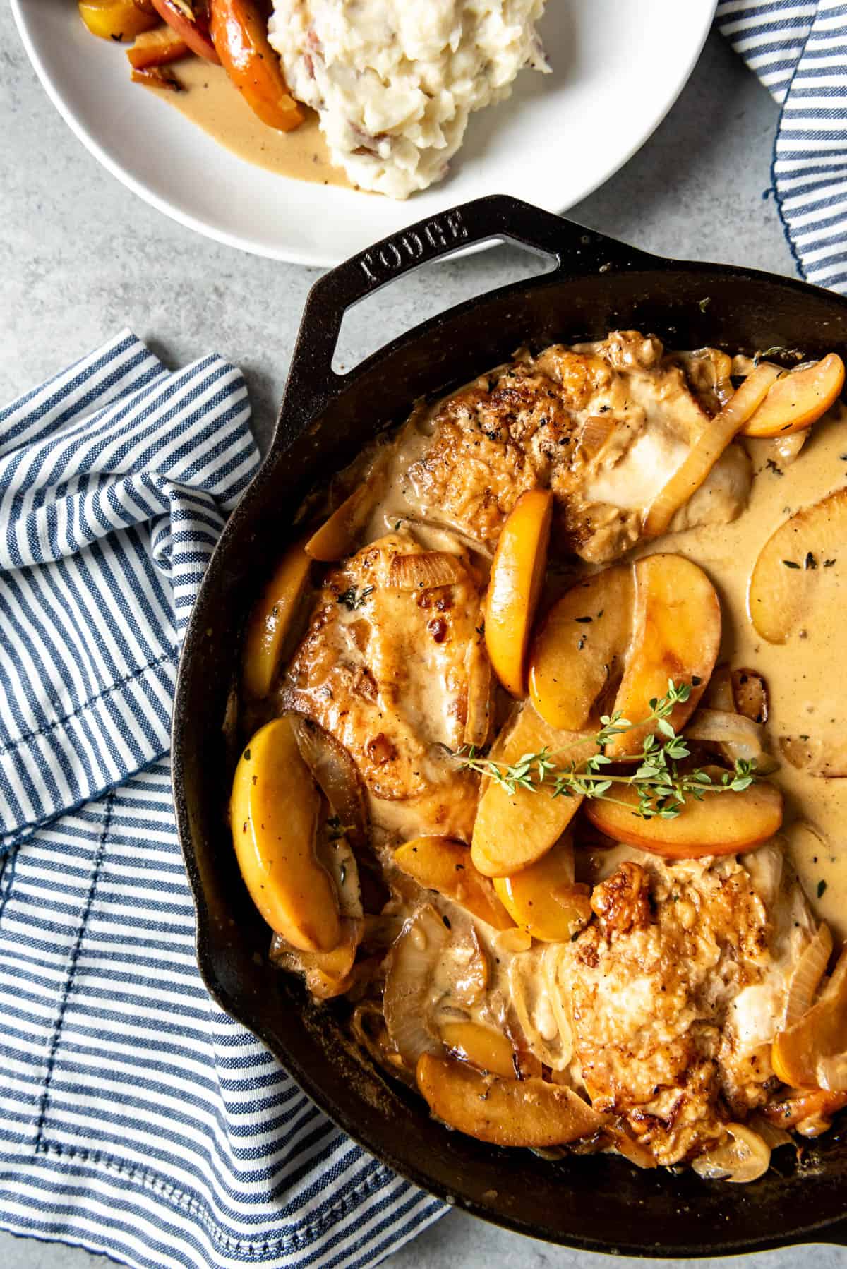 An image of a cast iron skillet with chicken fricassee with apples, onions, and thyme.