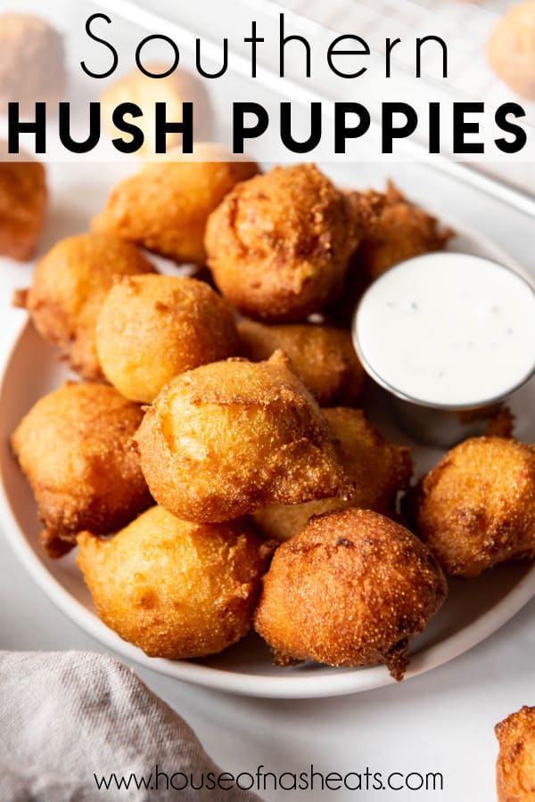 A plate of fried hush puppies with text overlay.