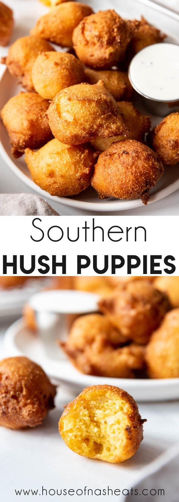 A collage of images of Southern hush puppies with text overlay.
