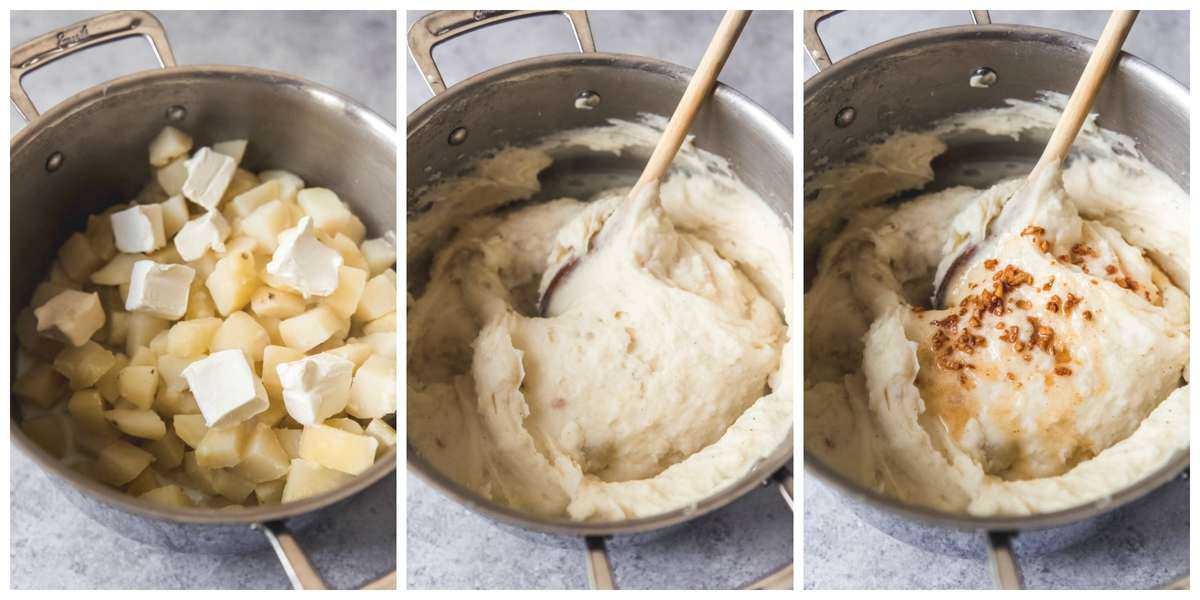 An image of the step-by-step process of adding cream cheese to soft, cooked Russet potatoes, beating them until creamy, then adding garlic browned butter.