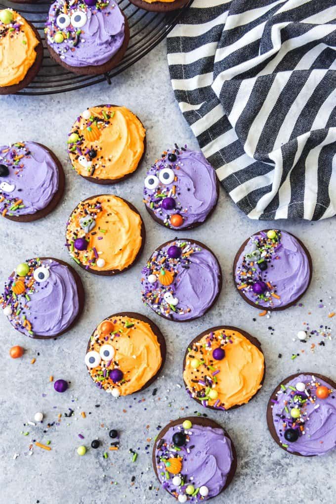 An image of easy, fun Halloween sugar cookies made with colorful frosting and seasonal sprinkles.
