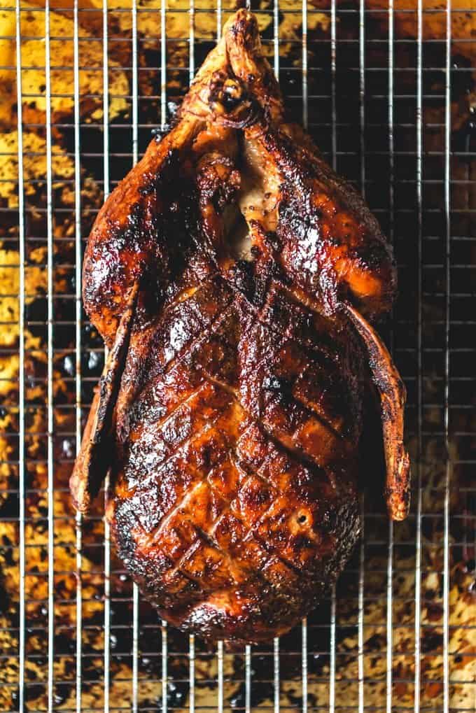 An image of a honey roast duck recipe after being pulled out of the oven.