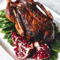 honey roasted duck on a white platter with spinach and pomegranate