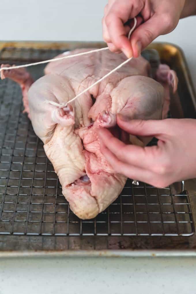 An image showing a whole duck being trussed for roasting in the oven.