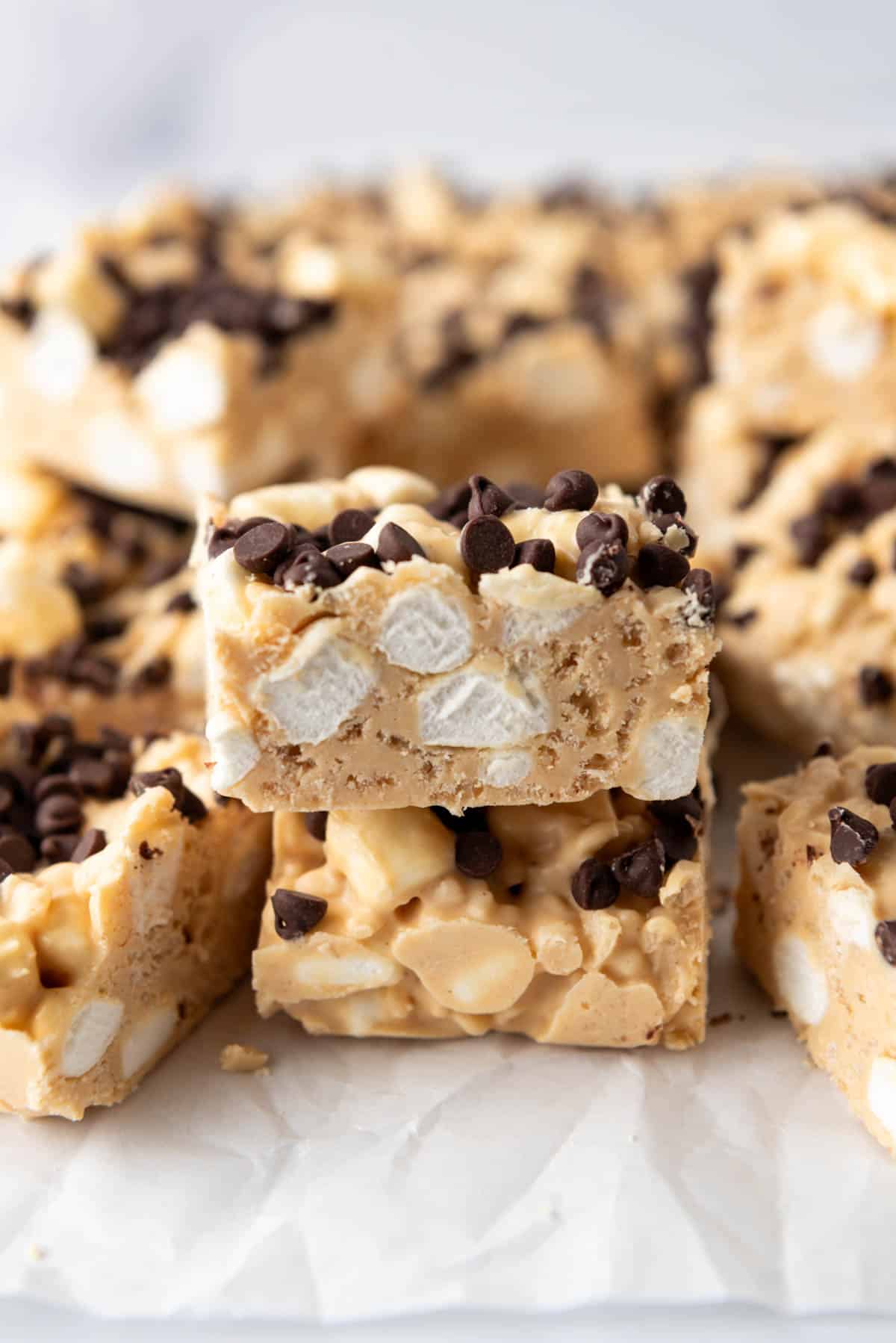 Homemade Rocky Mountain avalanche bars that have been sliced into squares and stacked.