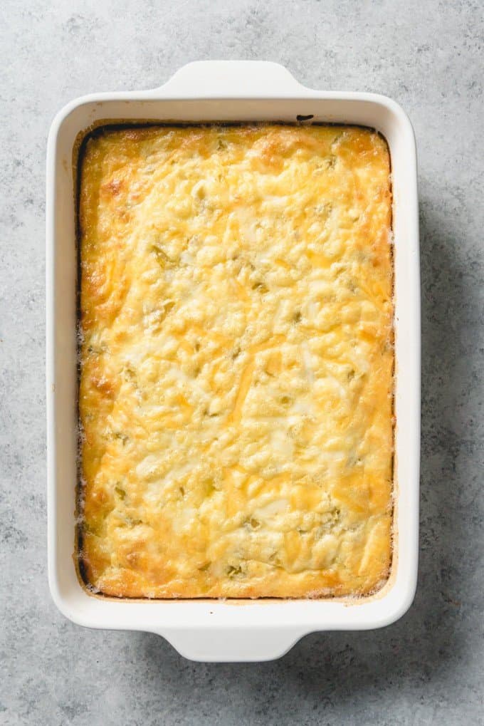 An image of one of the best egg recipes for breakfast - an overnight breakfast casserole made with cheese and green chilies.