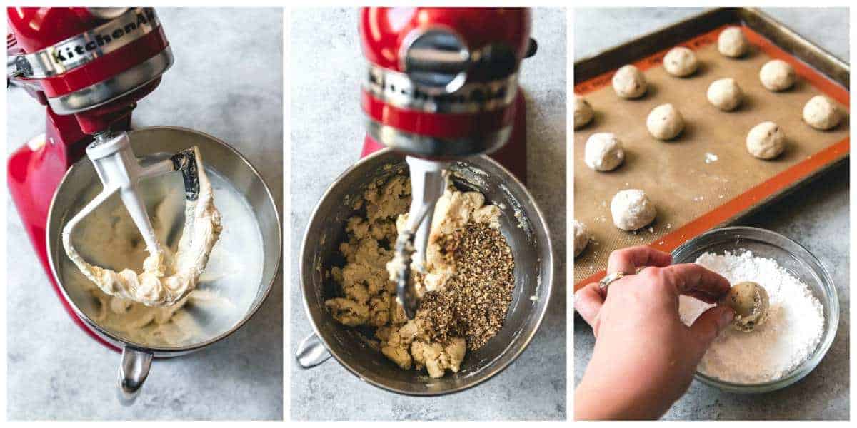 A collage showing step-by-step how to make Mexican wedding cookies.