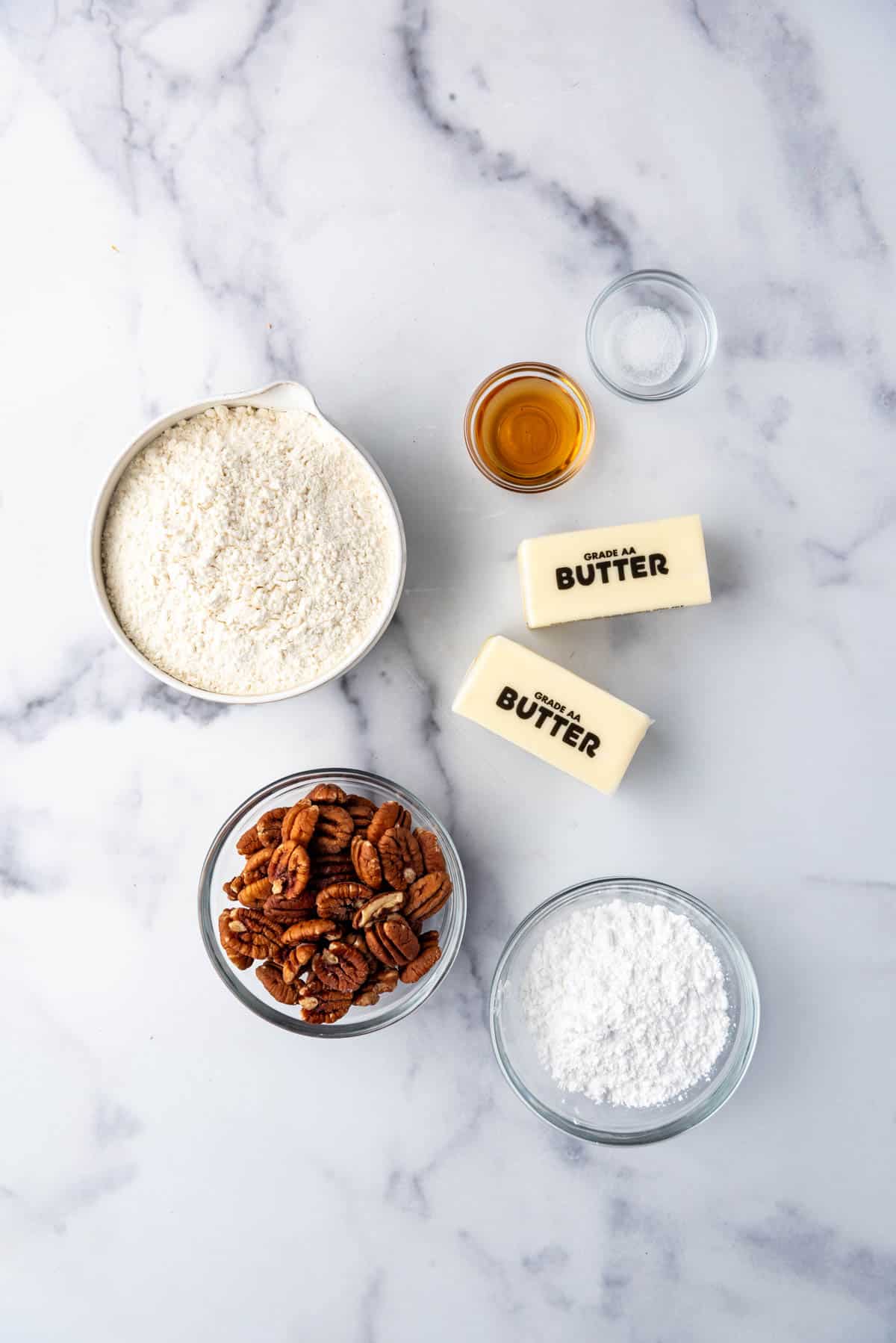 Ingredients for Mexican wedding cookies.