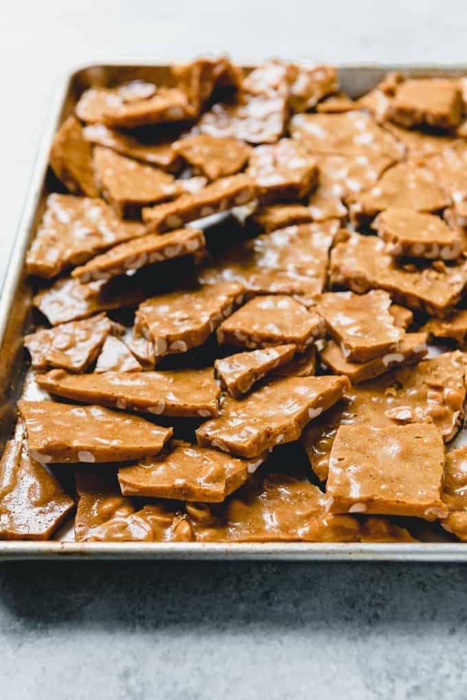 An image of a tray candy made from a classic homemade peanut brittle recipe.