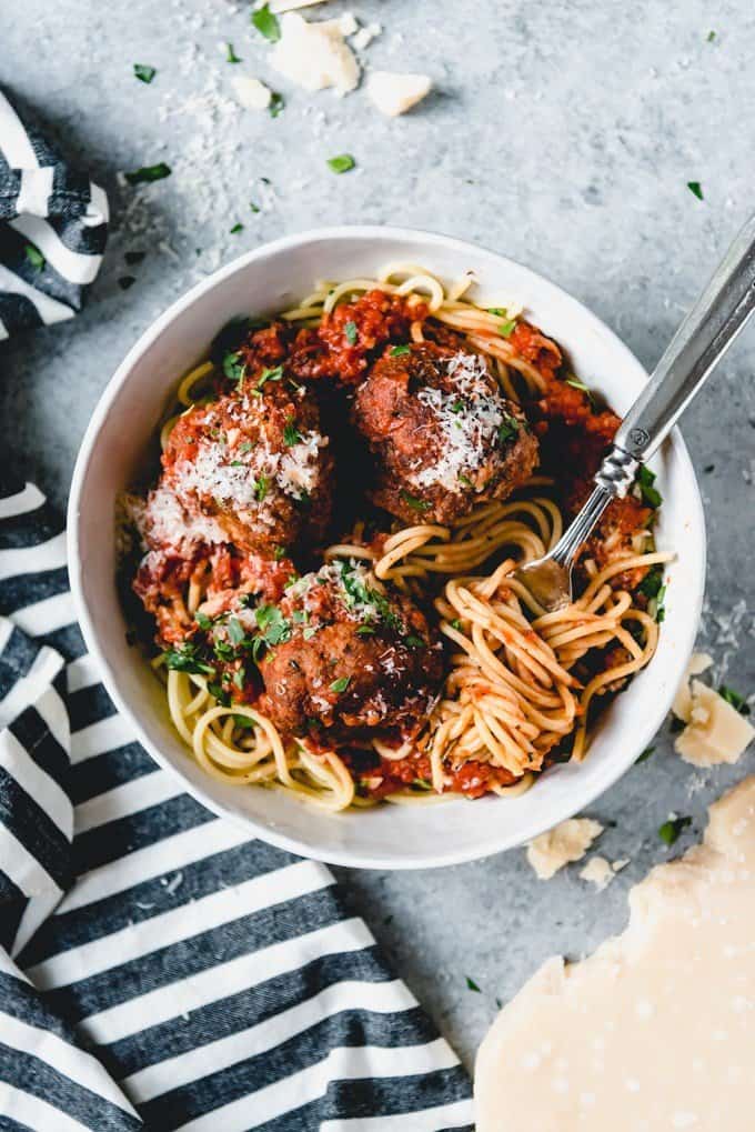 An image of a bowl of spaghetti and meatballs with a homemade marinara sauce.
