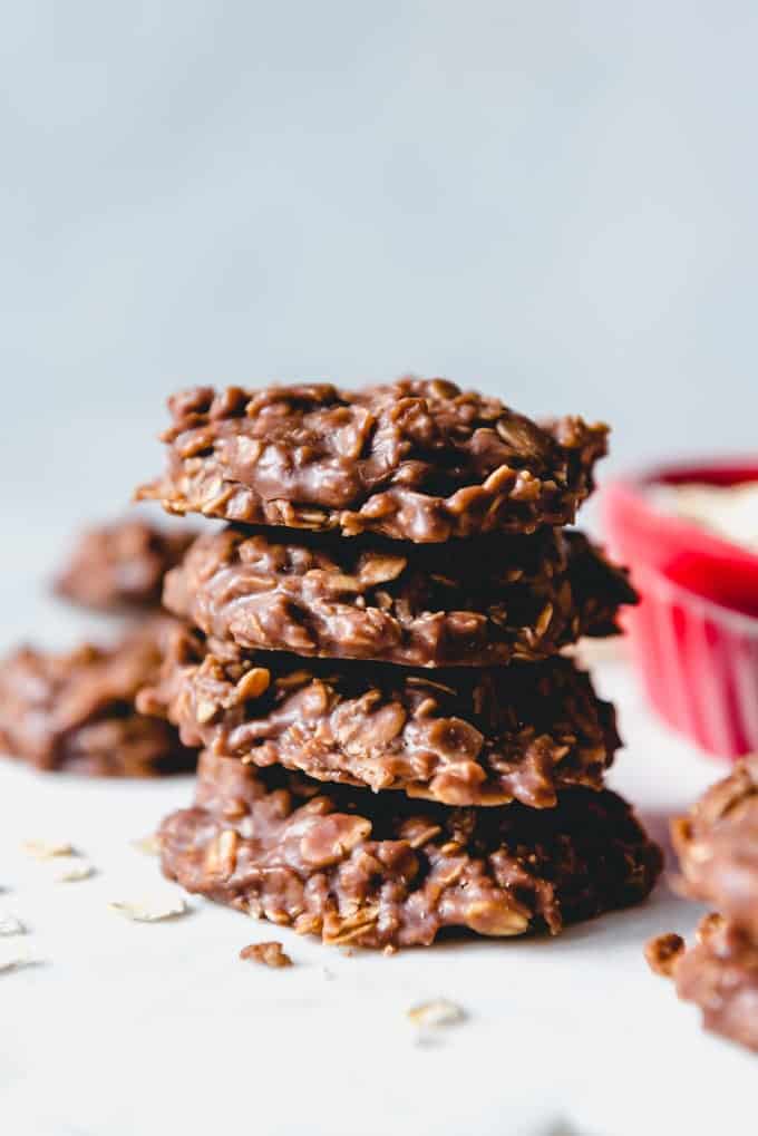 4 stacked no bake chocolate peanut butter cookies