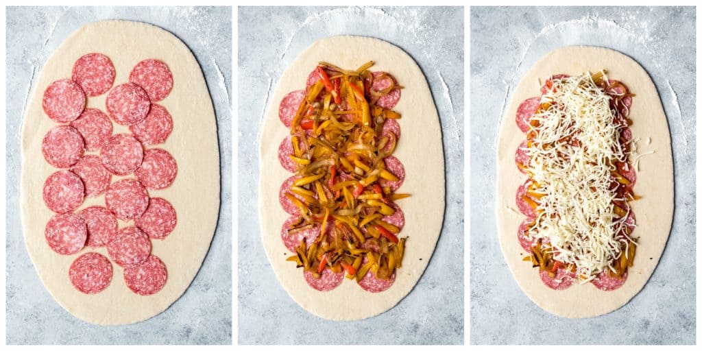 A collage of step-by-step photos showing how to make an easy stromboli recipe filled with salami and sweet peppers.