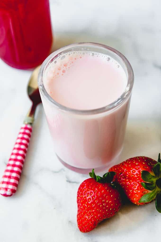 An image of a glass of homemade strawberry milk.