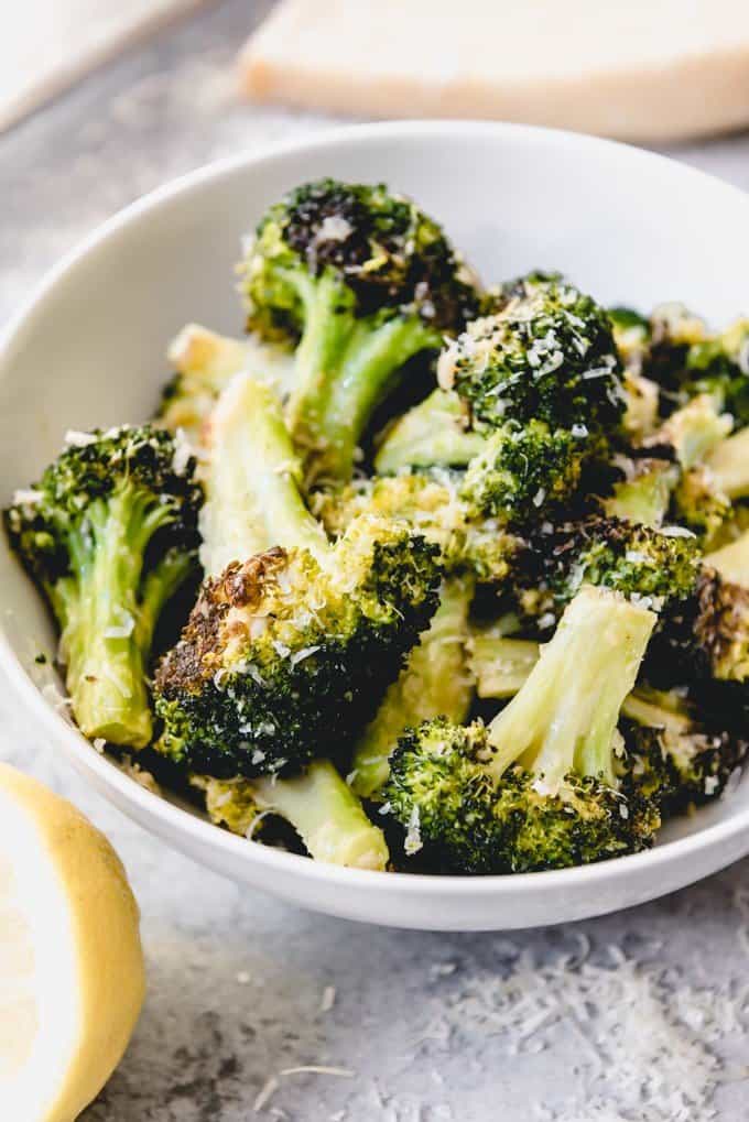 An image of Parmesan Roasted Broccoli in a bowl.
