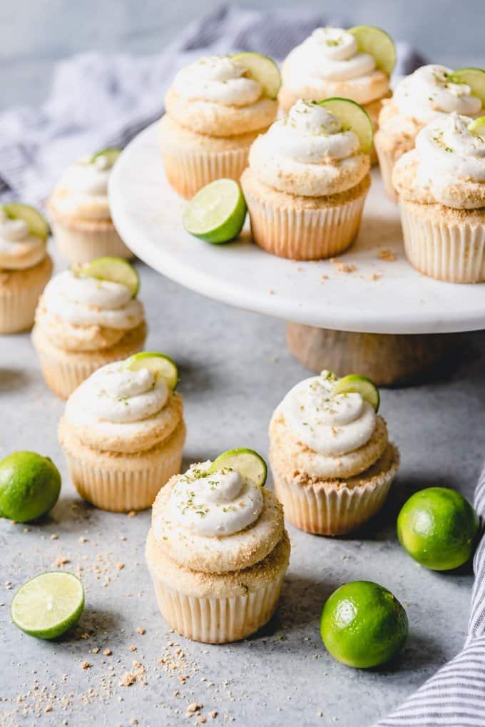 An image of fluffy, moist lime cupcakes from scratch decorated with homemade key lime frosting.