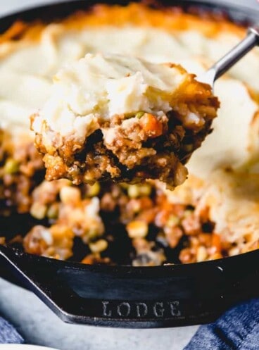 a close up view of a spoonful of sheperds pie