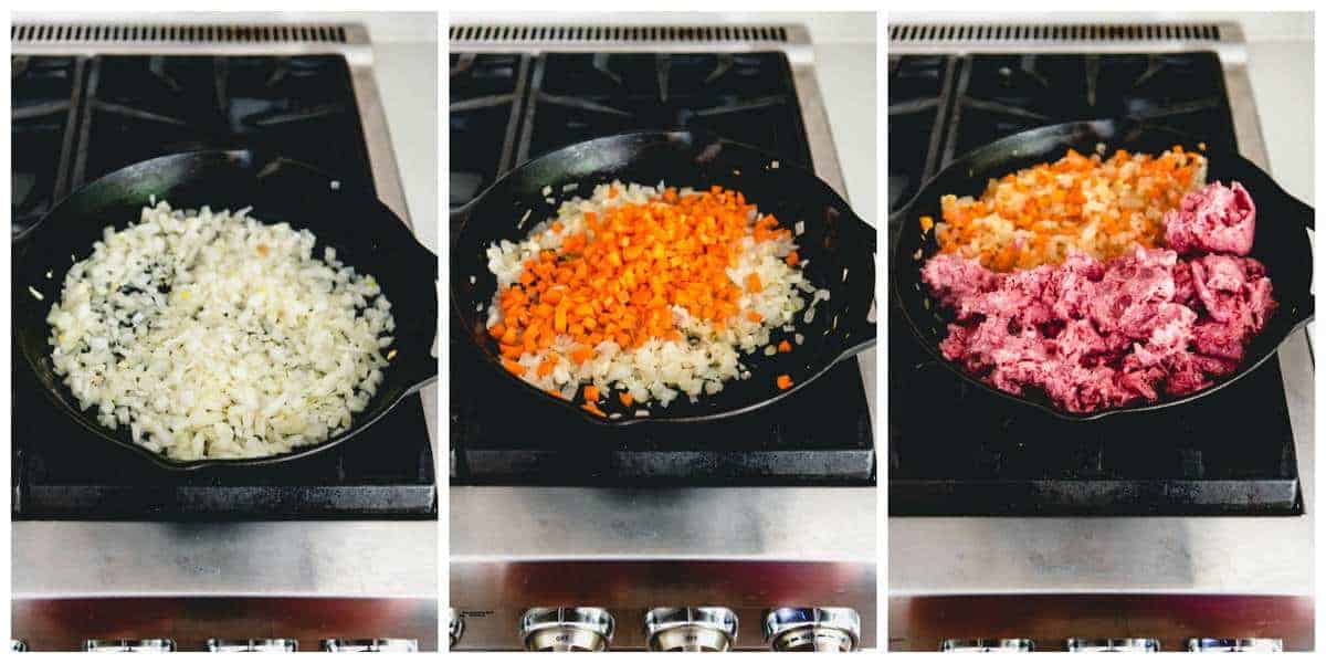 An image of the best shepherd's pie recipe being made step--by-step, first sauteing onions and carrots, then adding ground lamb and browning it in the same skillet.