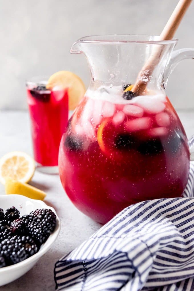 An image of a pitcher of homemade blackberry lemonade.