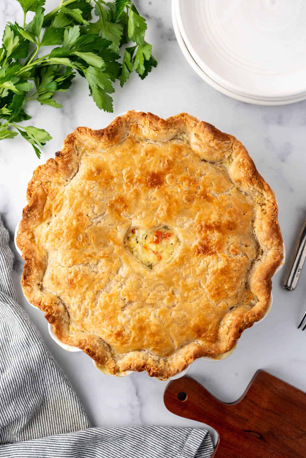 An overhead image of a baked chicken pot pie.