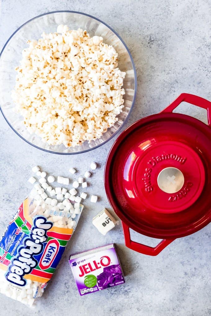 An image of the ingredients for marshmallow popcorn balls.