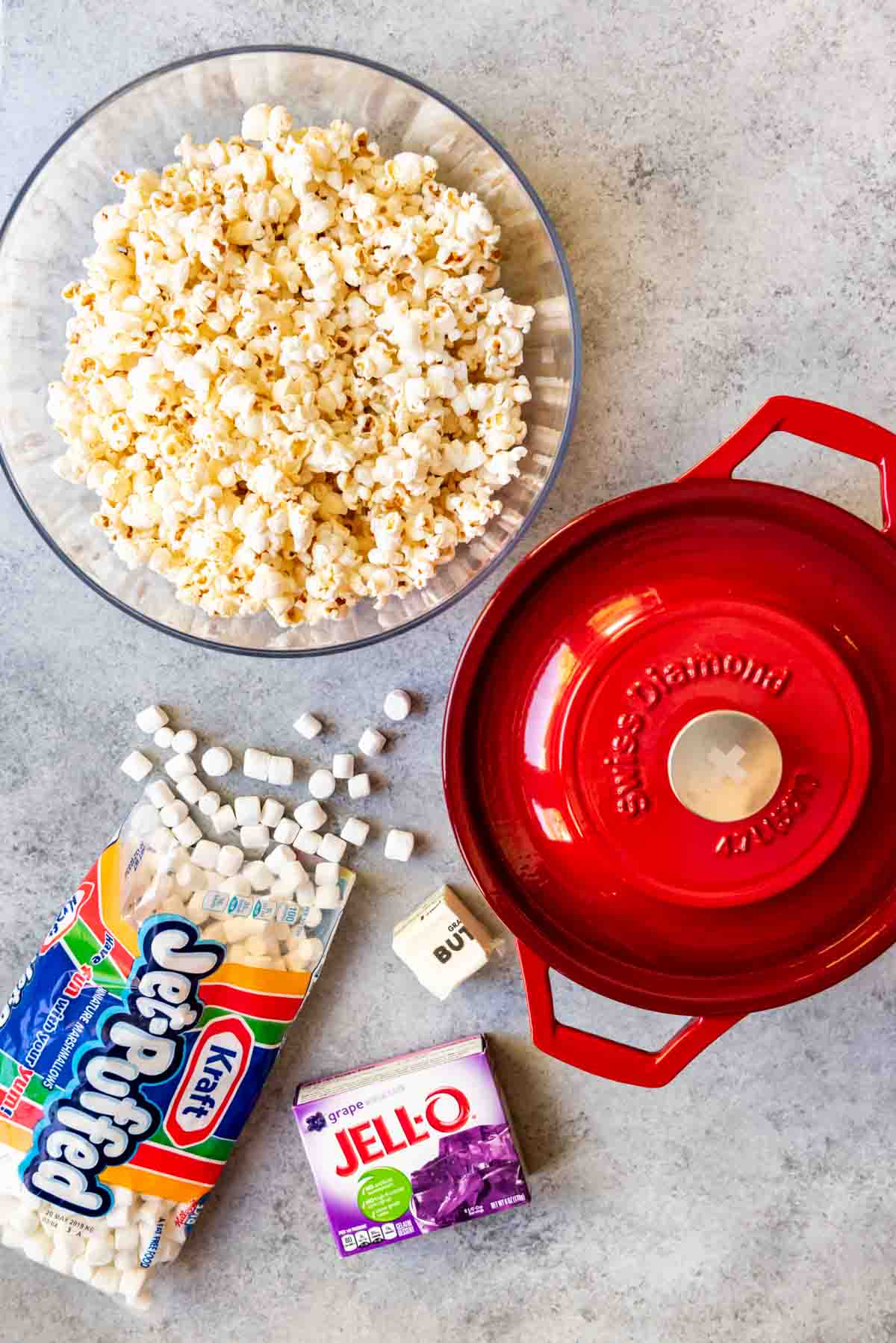 An image of the ingredients for marshmallow popcorn balls.