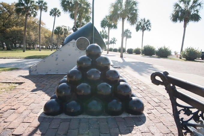 An image of cannonballs stacked into a pyramid in Charleston, South Carolina.