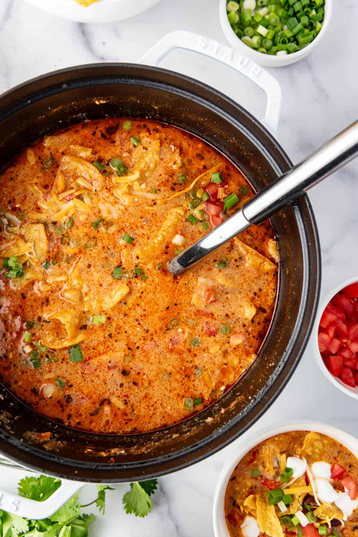 An overhead image of a large pot of cheesy taco soup.