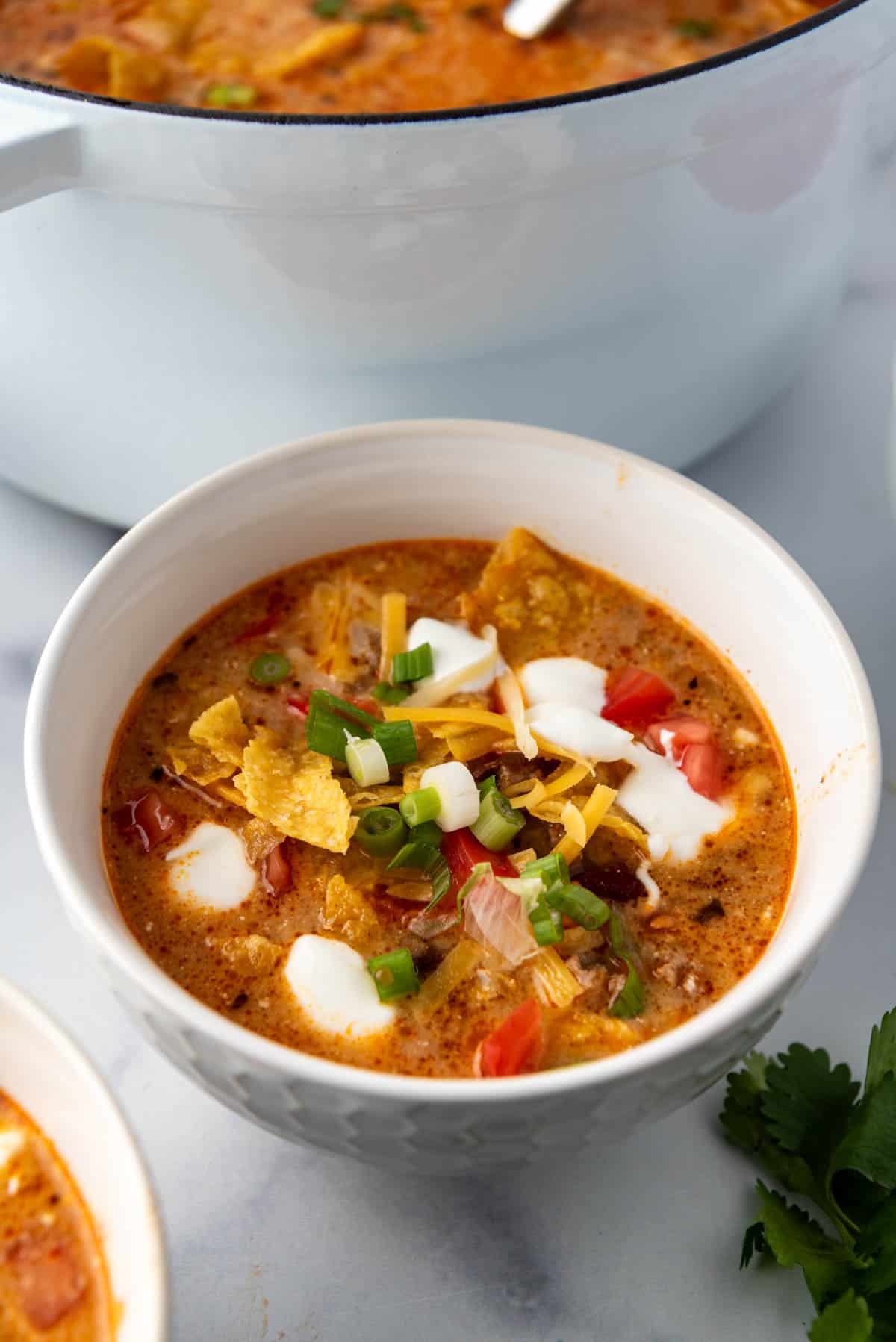 A side view of a bowl of taco soup with sour cream and green onions sprinkled on top.