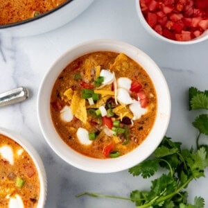 An overhead image of a bowl of cheesy taco soup next to fresh cilantro and a bowl of diced tomatoes.