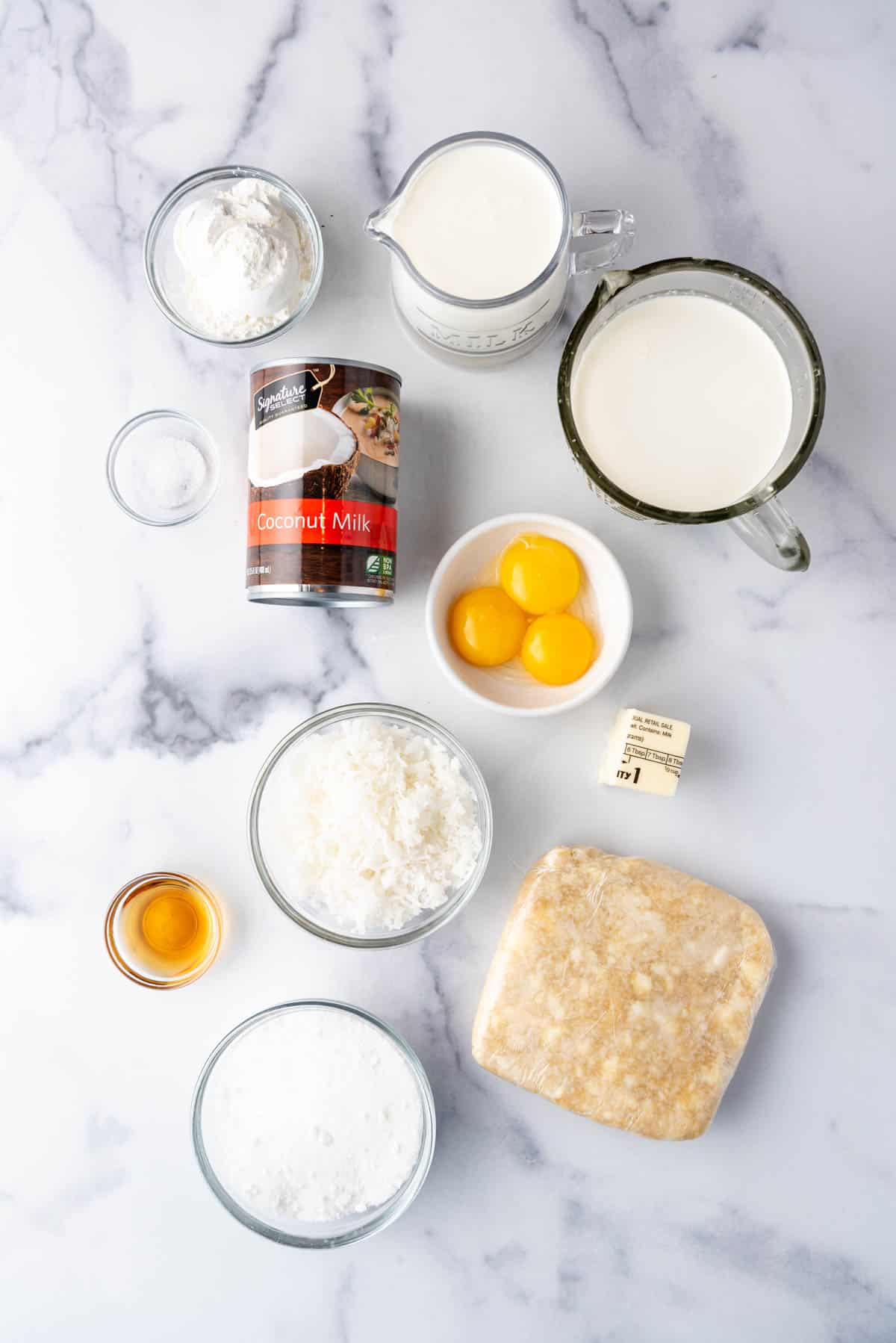 Ingredients for making coconut cream pie.