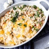 grilled mexican street corn dip in a white casserole dish