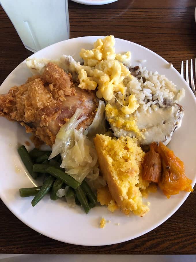 An image of a plate of southern food favorites from Paula Deen's The Lady and Sons restaurant in Savannah, Georgia.