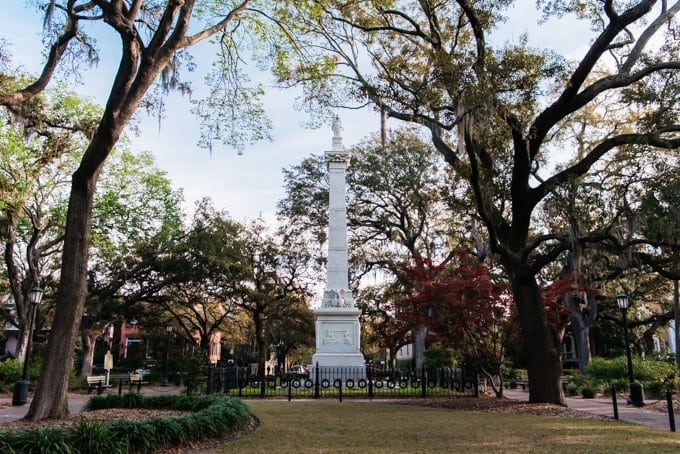An image of a monument in Monterey Square in Savannah, Georgia.